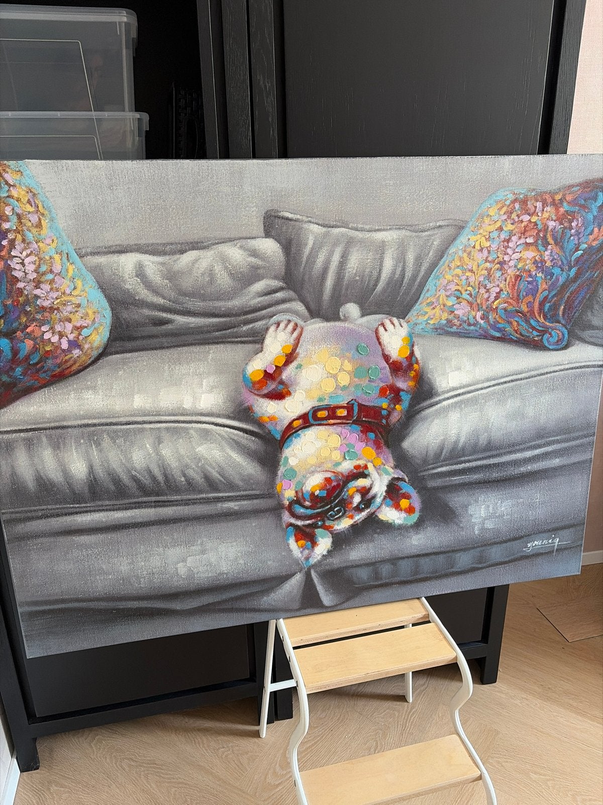Olieverfschilderij 'Lazy Bulldog' 90x120 cm, Ophalen, Handgeschilderd, Dieren, Olieverf