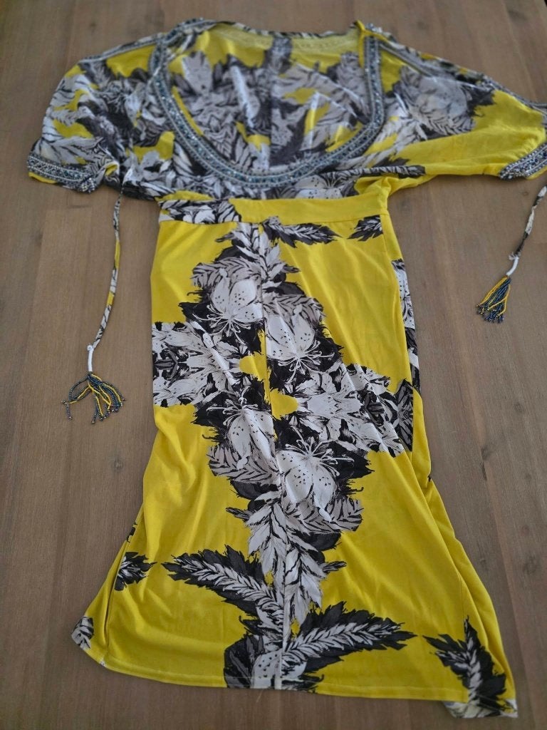Orna Farho Amelie Gele Maxi Jurk met Print Maat 38, Kleding | Dames, Maat 38/40 (M), Geel, Ophalen of Verzenden, Onder de knie