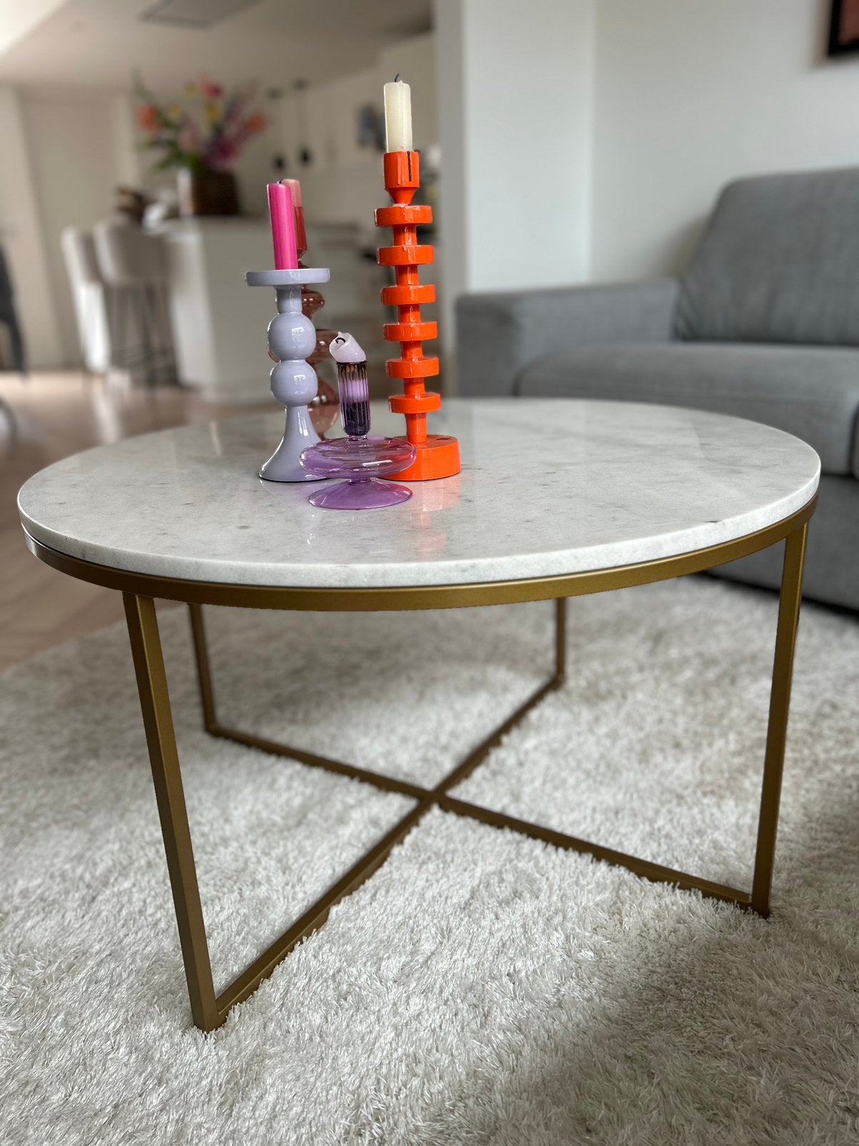 Salontafel marmer messing, Ophalen, Rond, 50 tot 100 cm, Zo goed als nieuw