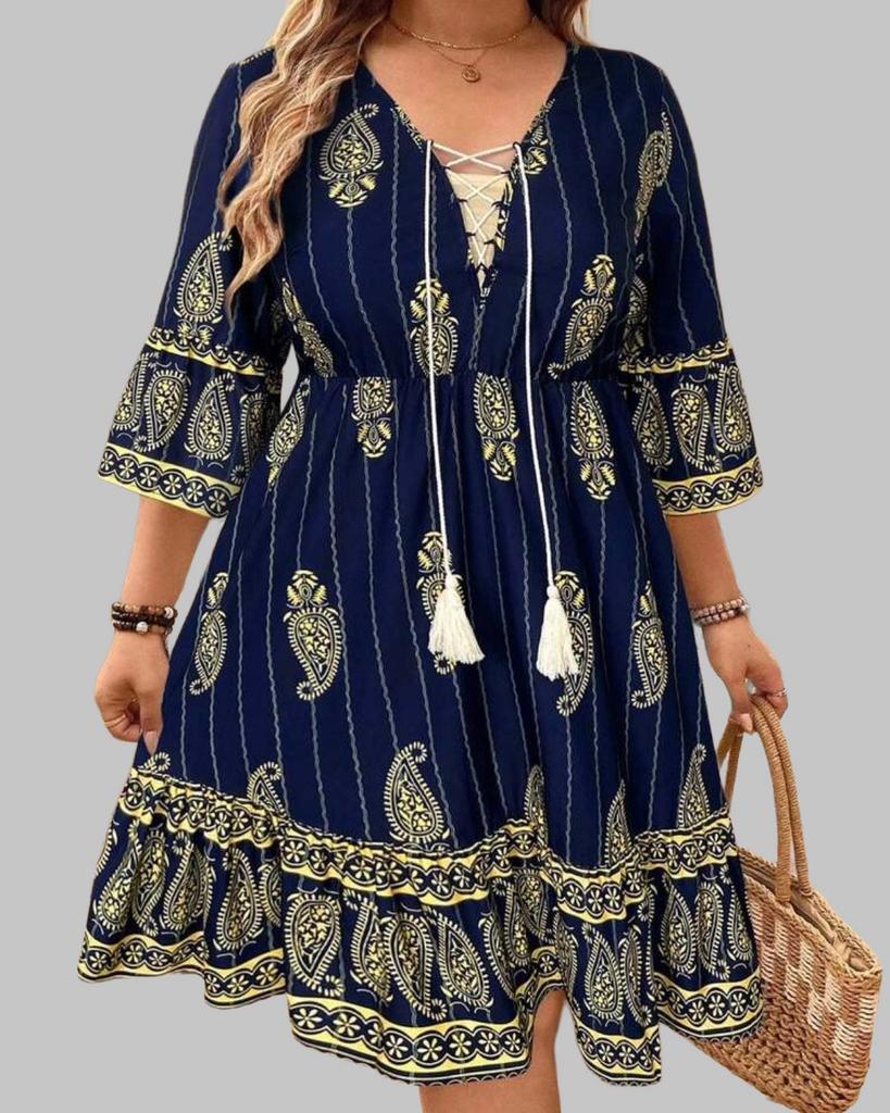 Zomerse Boho Jurk met Paisley Print en Kwastjes (44-52), Kleding | Dames, Grote Maten, Verzenden, Nieuw, Blauw, Jurk