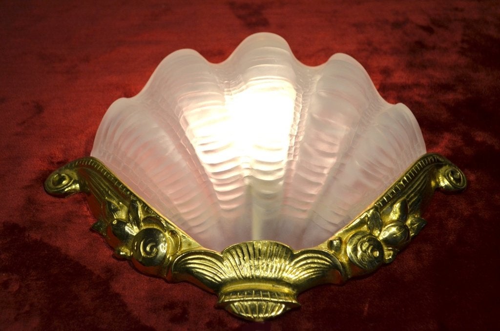 XL Gouden Art-Nouveau / Art-Deco lamp - Schelp Persglas 1930, Huis en Inrichting, Lampen | Wandlampen, Gebruikt, E14 (klein), Ophalen of Verzenden