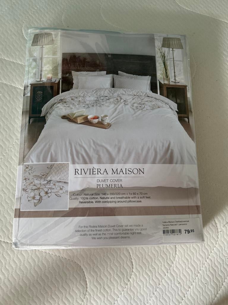 Riviera Maison dekbedovertrek Plumeria 140x200/220 + sloop, Eenpersoons, Beige, Dekbedovertrek, Nieuw