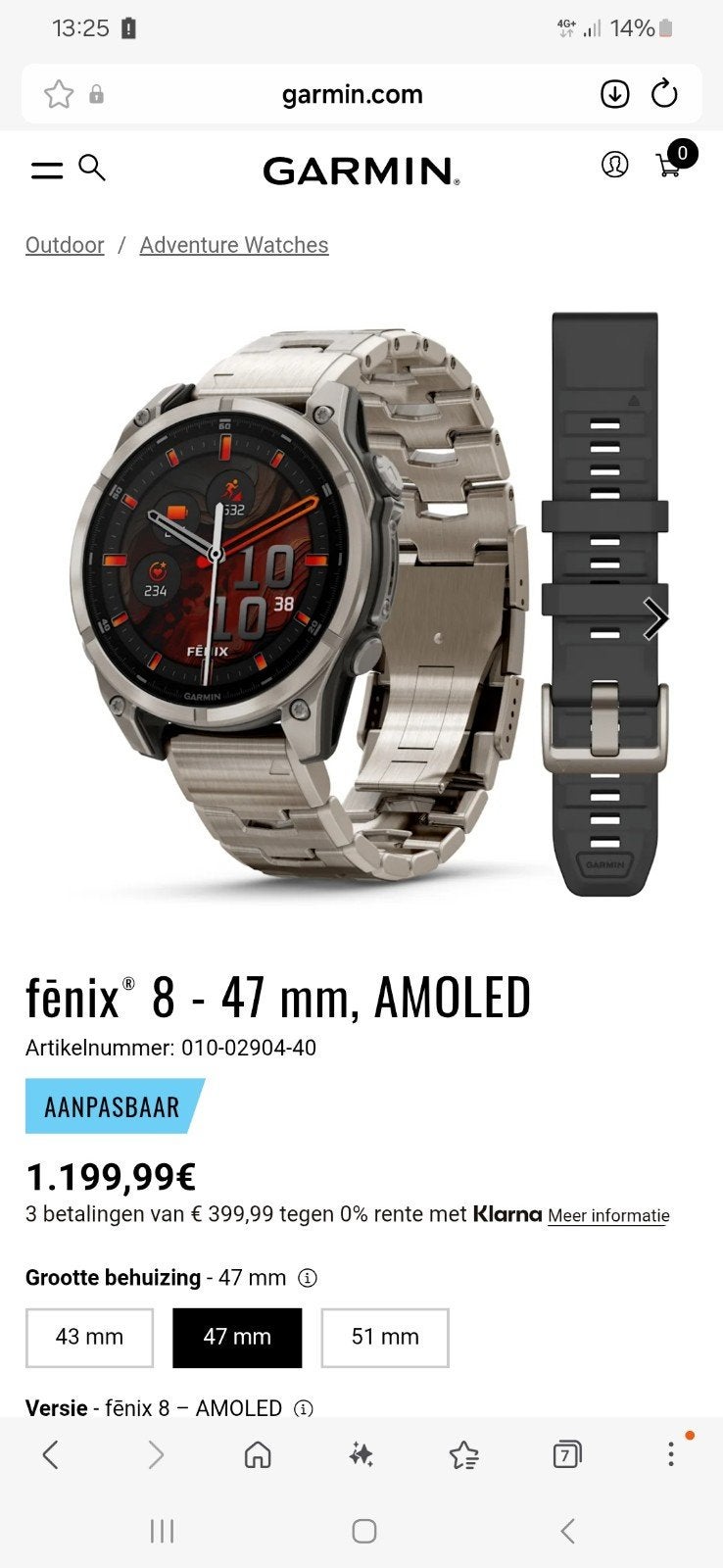 Garmin Fenix 8 Amoled Sapphire titanium 47 mm compleet+doos, Sieraden, Tassen en Uiterlijk, Horloges | Heren, Ophalen of Verzenden