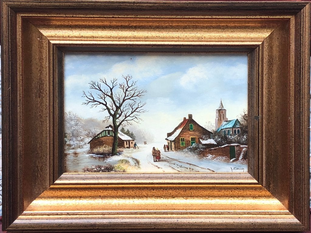 J. Croon Schilderij 'Nederlands wintertafereel met kerk', Ophalen of Verzenden