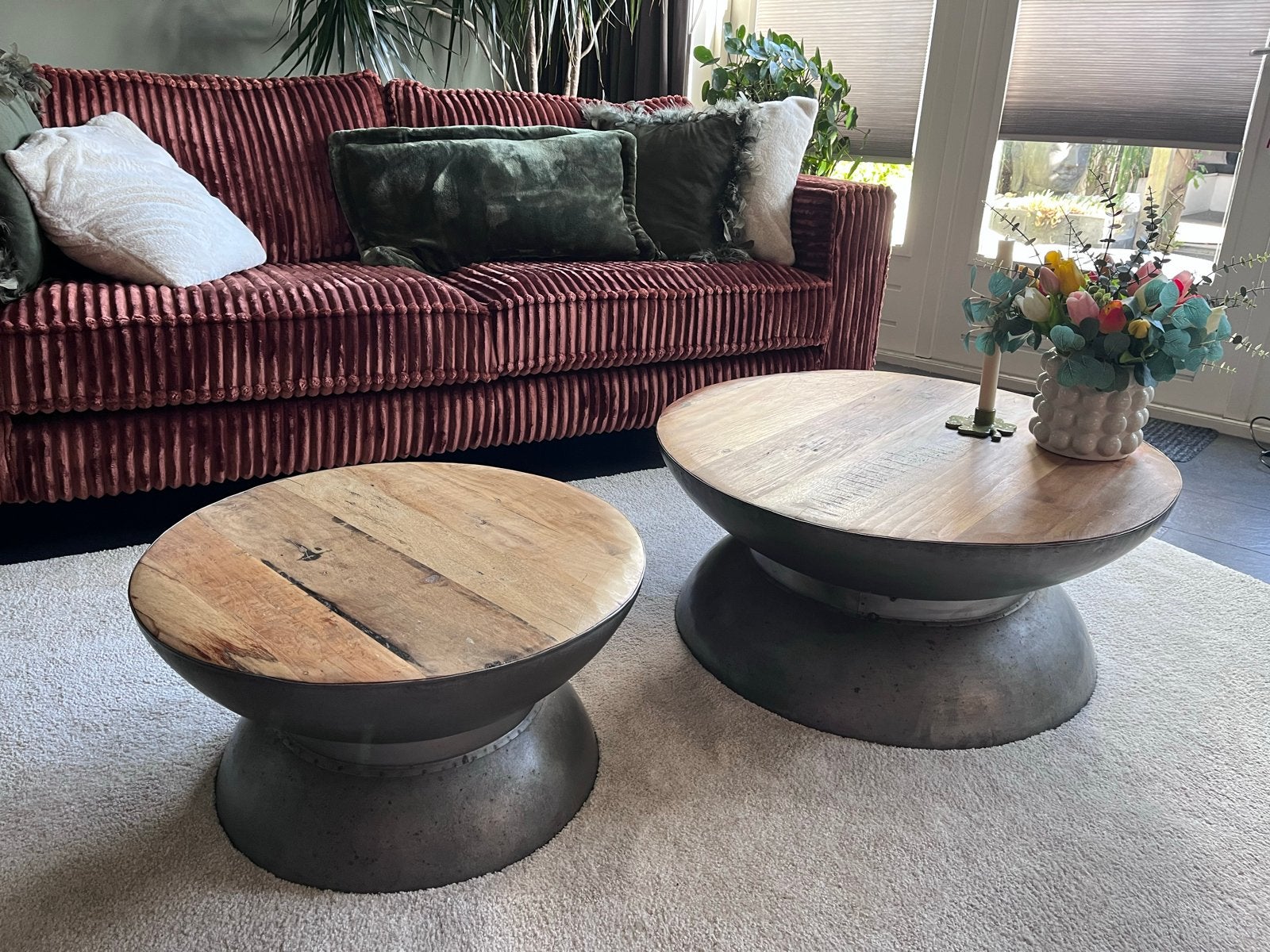 Set van 2 By Boo Yo-Yo salontafels, hout en metaal, Ophalen, Gebruikt, Rond, 50 tot 100 cm