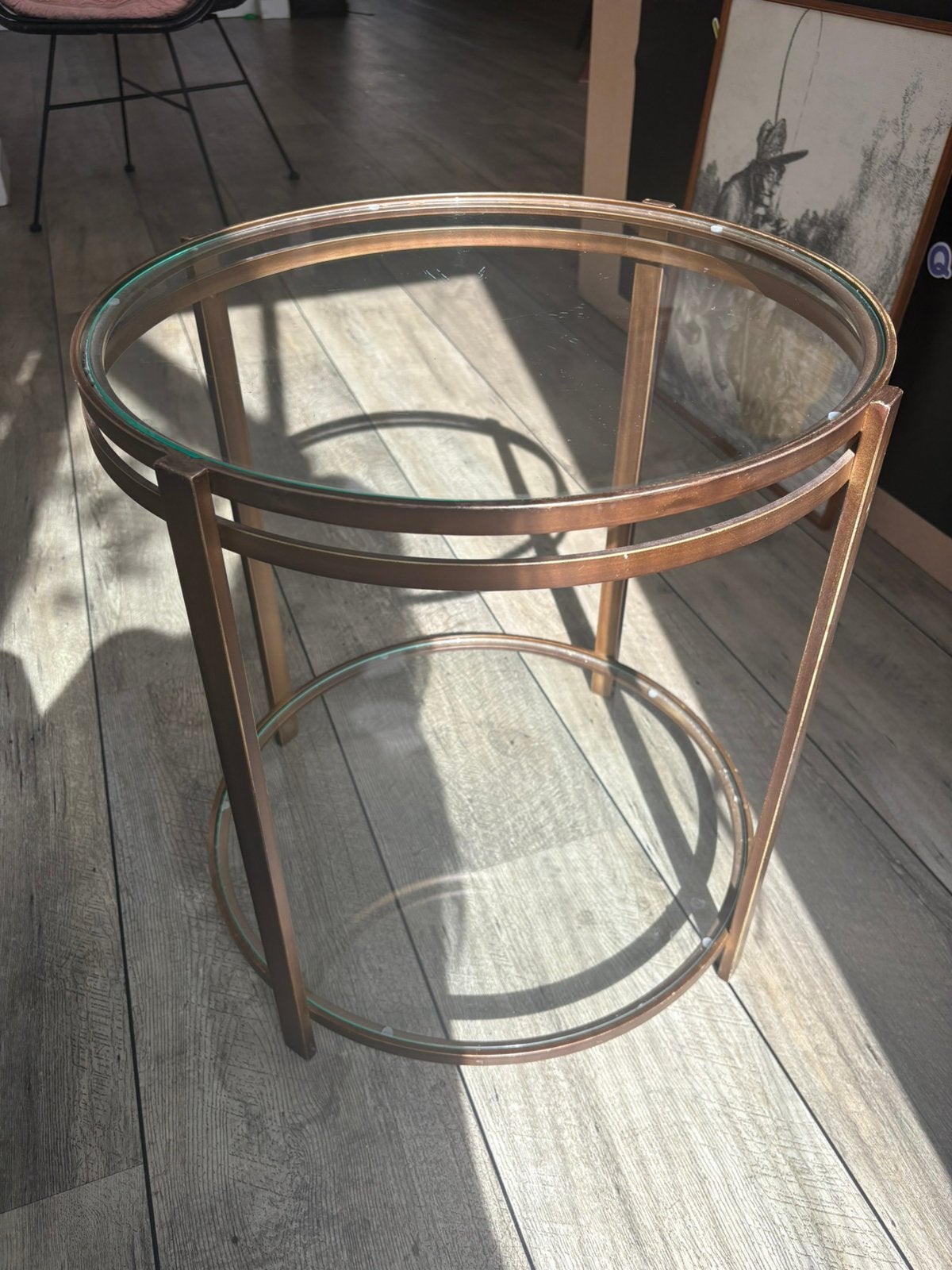 Bijzettafel messing glas., Minder dan 55 cm, Gebruikt, Rond, Glas