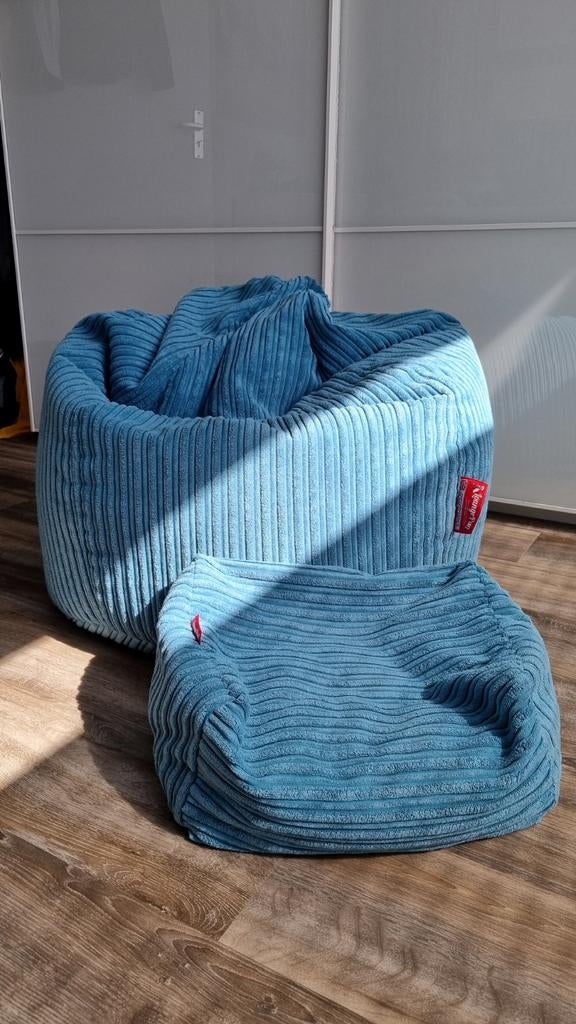 Lounge Pug zitzak en poef - Petrol ribstof, Huis en Inrichting, Ophalen, Zo goed als nieuw, Blauw, Zitzak