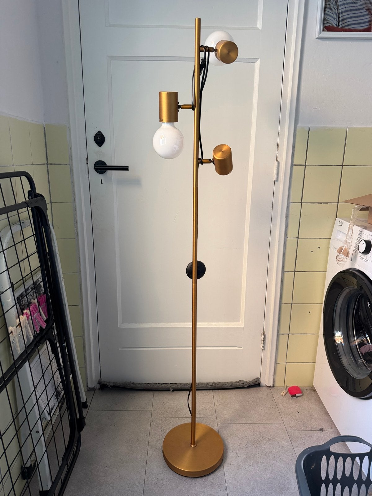 Gouden vloerlamp met 3 spots - Kwantum, Ophalen, E27 (groot), Zo goed als nieuw, Metaal