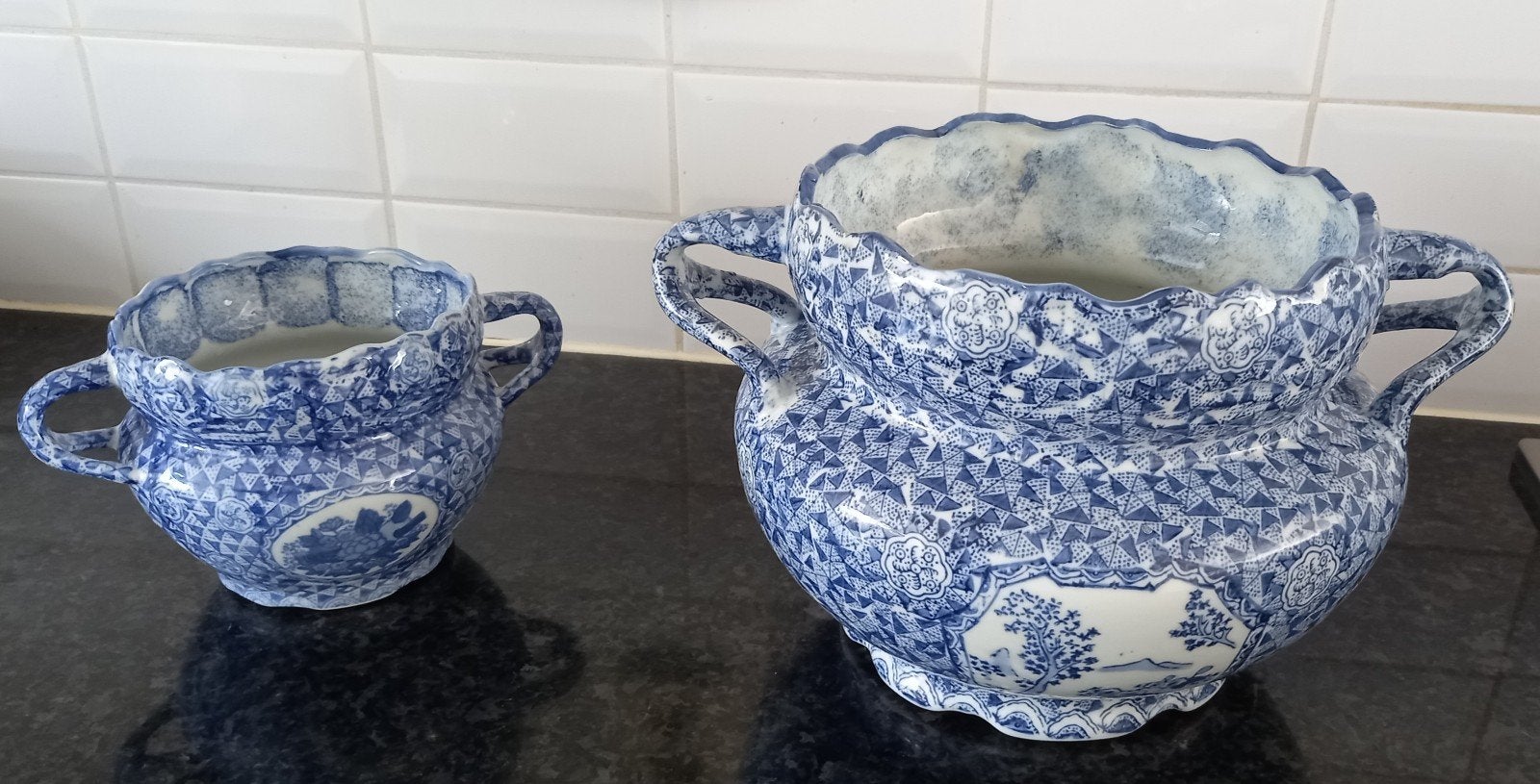 Set van 2 Delfts Blauwe Bloempotten met Oor, Tuin en Terras, Bloempotten, Gebruikt, Rond, Binnen, Ophalen of Verzenden