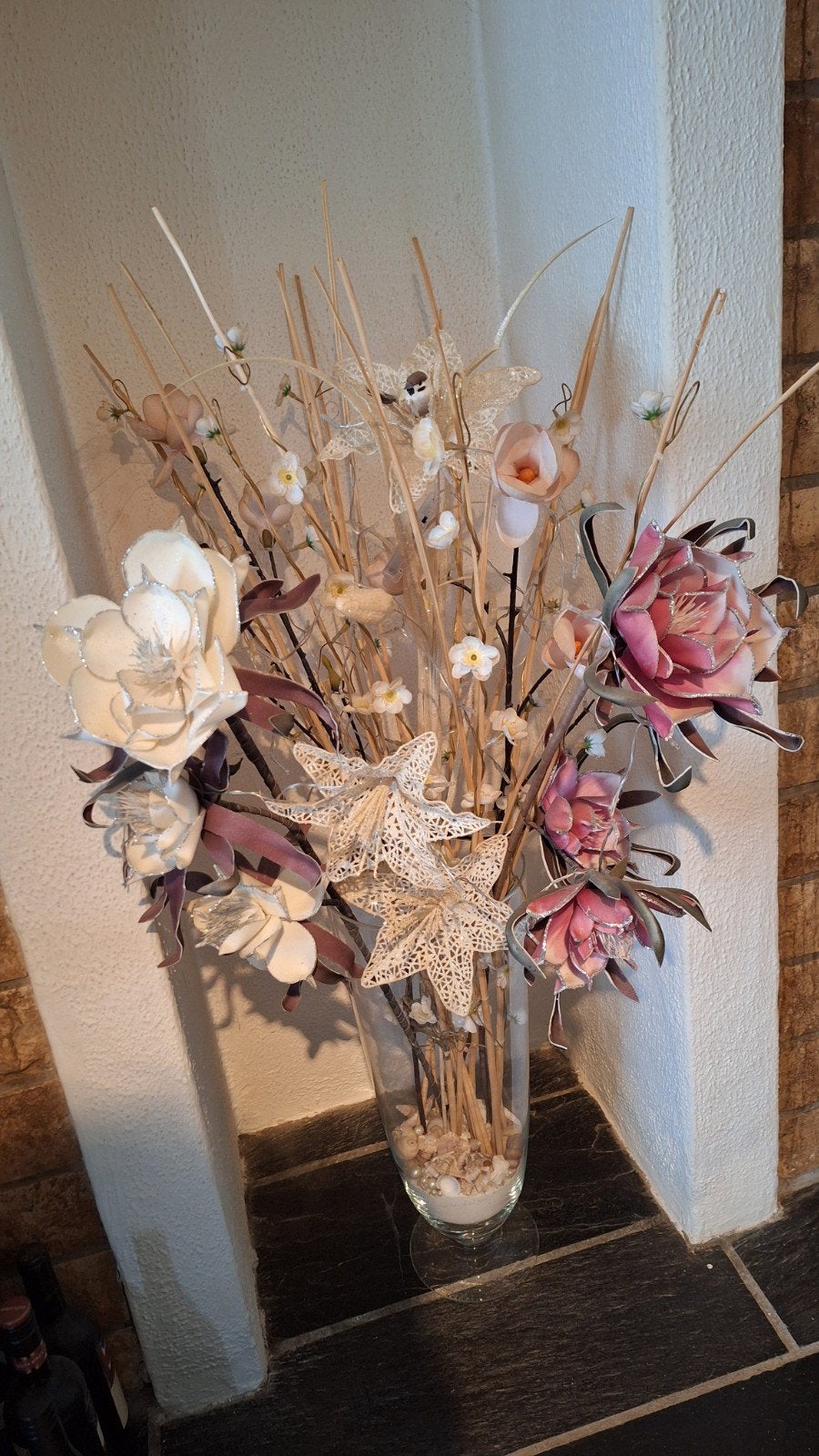 Decoratief bloemstuk met glazen vaas, Ophalen, Meerkleurig, Inclusief decoratie, Glas