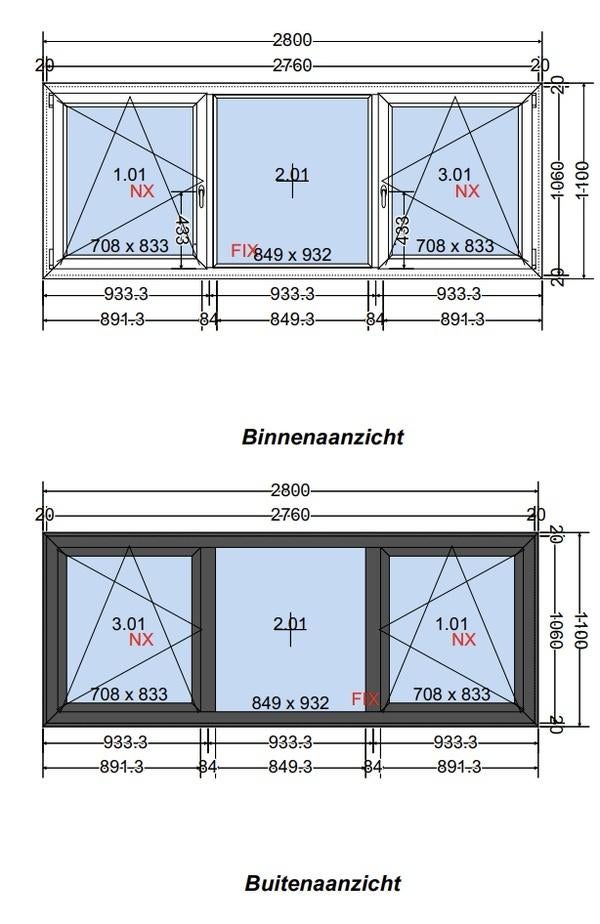 Kunststof kozijn 2800 x 1100 HR++, Ophalen, Kunststof, Nieuw, Inclusief glas