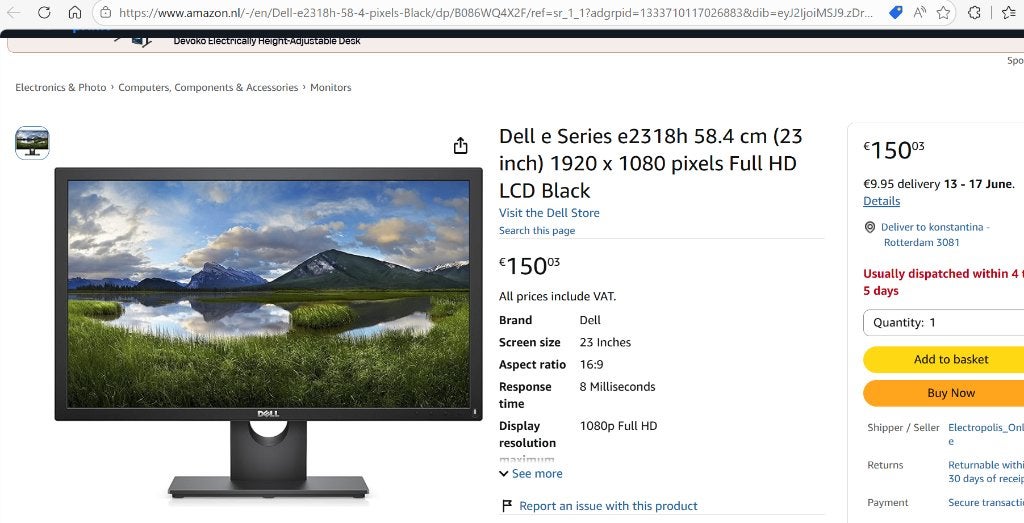 DELL LED (23'') 1920 x 1080 Pixels Full HD Flat Mat Zwart, DisplayPort, Full HD, Ophalen of Verzenden, Zo goed als nieuw