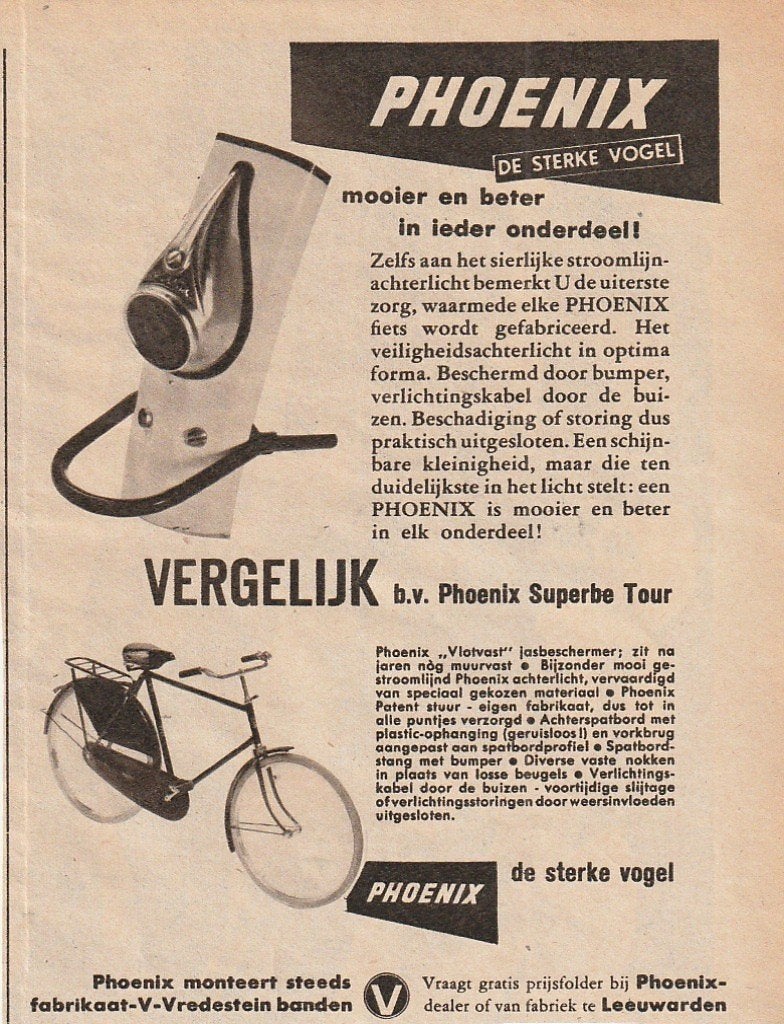 retro reclame 1957 Phoenix Leeuwarden fiets sterke vogel, Verzenden, Overige typen