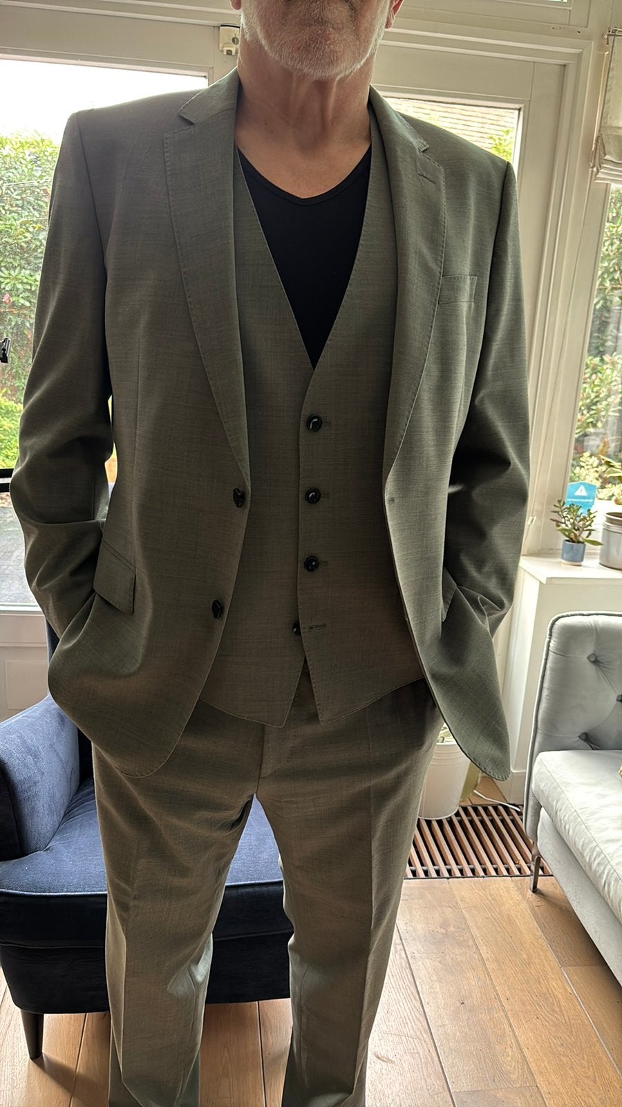 BOSS pak kostuum heren drie delig groen grijs, Kleding | Heren, Ophalen of Verzenden, Zo goed als nieuw, Maat 56/58 (XL), Grijs