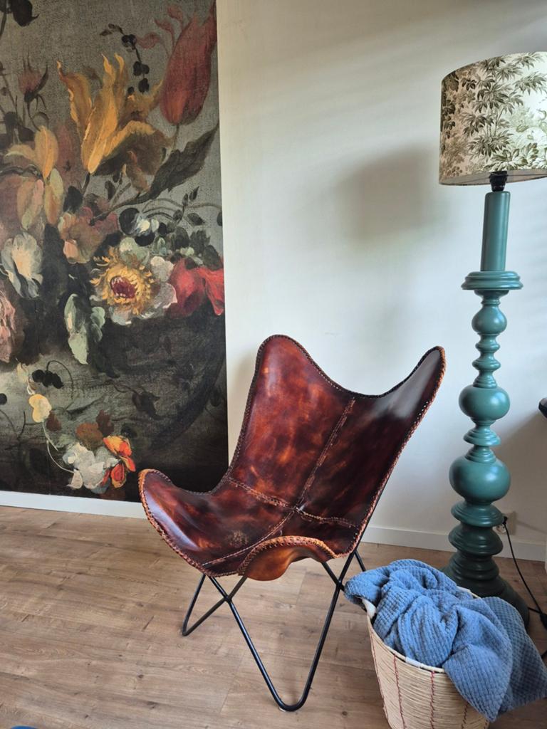 Leren Vlinderstoel - Bruin, Huis en Inrichting, Stoelen, Gebruikt, Eén, Leer, Metaal, Bruin, Ophalen