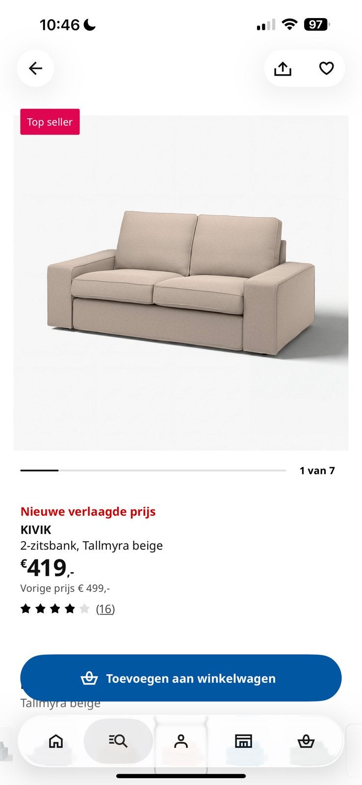 Ikea KIVIK tweezitsbank in zandkleur, hoezen wasbaar, Gebruikt, 150 tot 200 cm, Tweepersoons, 75 tot 100 cm
