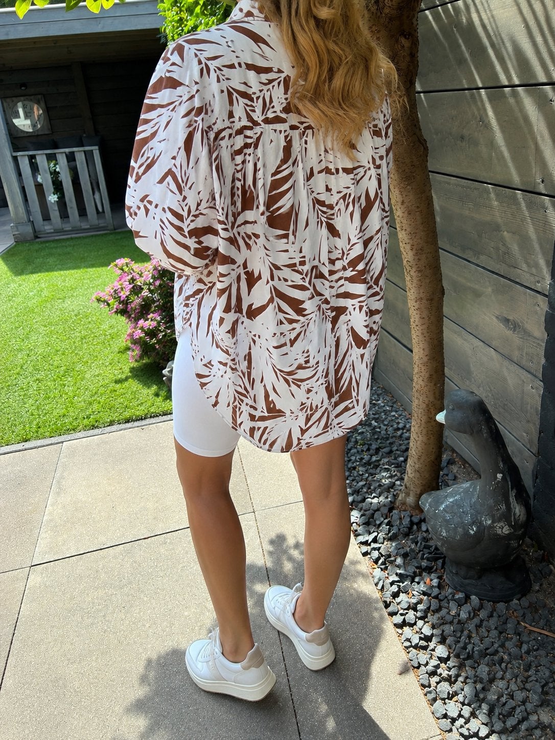 Luxzuz Blouse Wit met Bruin Bladprint - One Size (34-40), Ophalen of Verzenden, Zo goed als nieuw