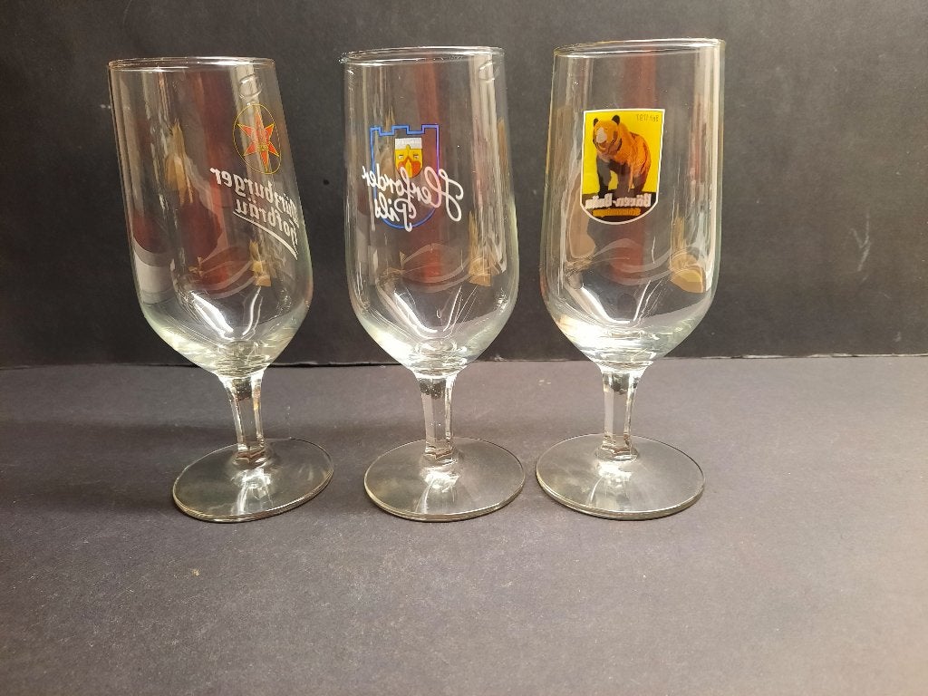 Diverse bierglazen op voet van oude merken, Verzamelen, Ophalen of Verzenden, Gebruikt, Glas of Glazen, Grolsch