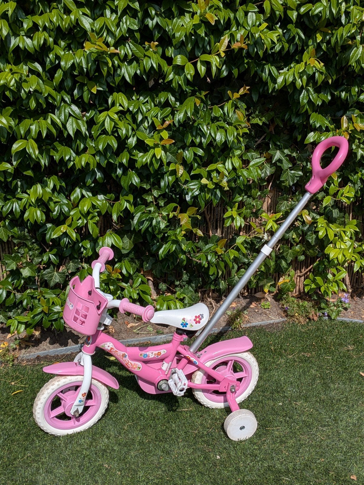 Roze kinderfietsje met duwstang en zijwieltjes, Ophalen, Terugtraprem, Zijwieltjes, Gebruikt