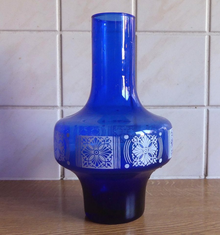 Vintage glazen vaas ufo Marsberger Germany blauw ufovaas, Gebruikt, 21 cm, Ophalen of Verzenden, Glas