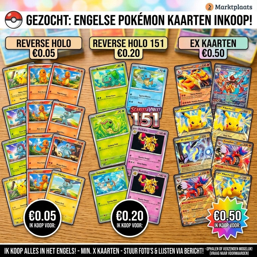 Inkoop: Reverse Holo, 151 Reverse & EX Pokémon kaarten, Ophalen of Verzenden, Zo goed als nieuw, Meerdere kaarten, Foil