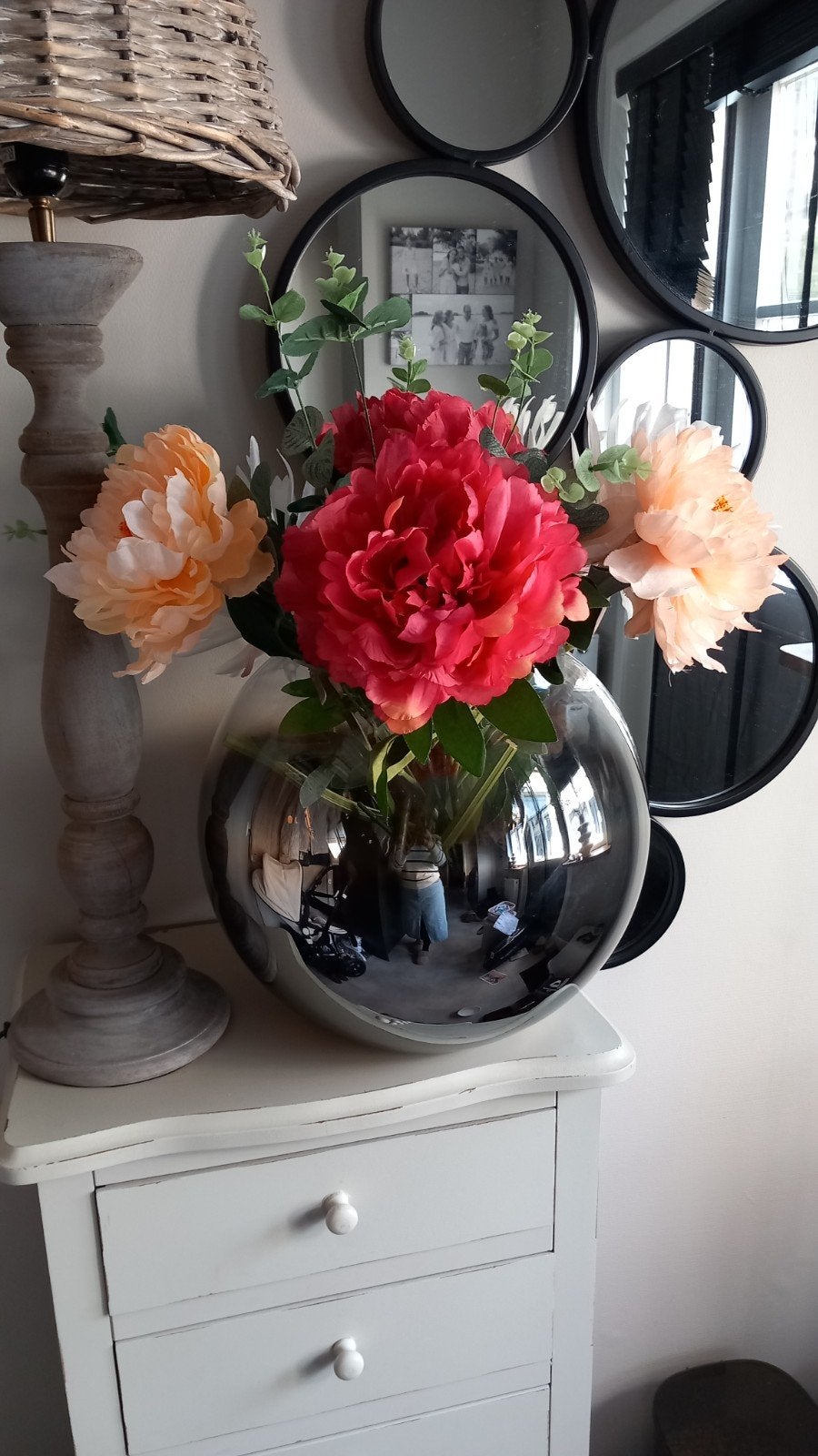 Prachtige olie vaas met kunst bloemen, Huis en Inrichting, Woonaccessoires | Vazen, Ophalen, Zo goed als nieuw, Overige kleuren