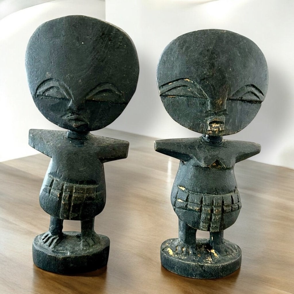 2x Vintage Afrikaanse Akuaba Beeldjes, Hout, Afrika, Handgemaakt, 12 cm