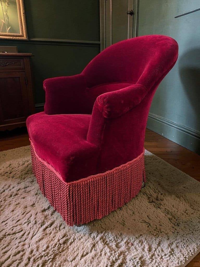vintage wijnrode fauteuil / eenzit / zetel met franjes, Ophalen