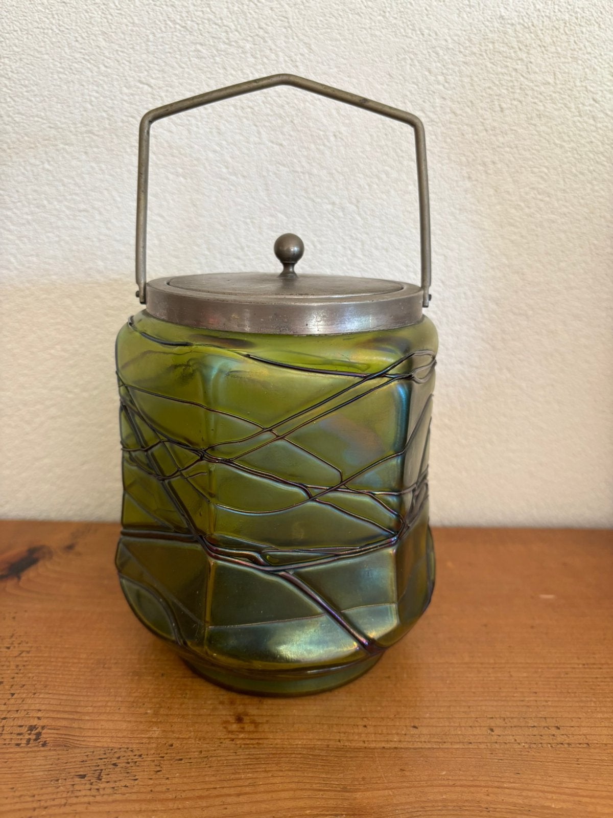 Art nouveau glazen koekjespot iriserend glas, Antiek en Kunst, Ophalen