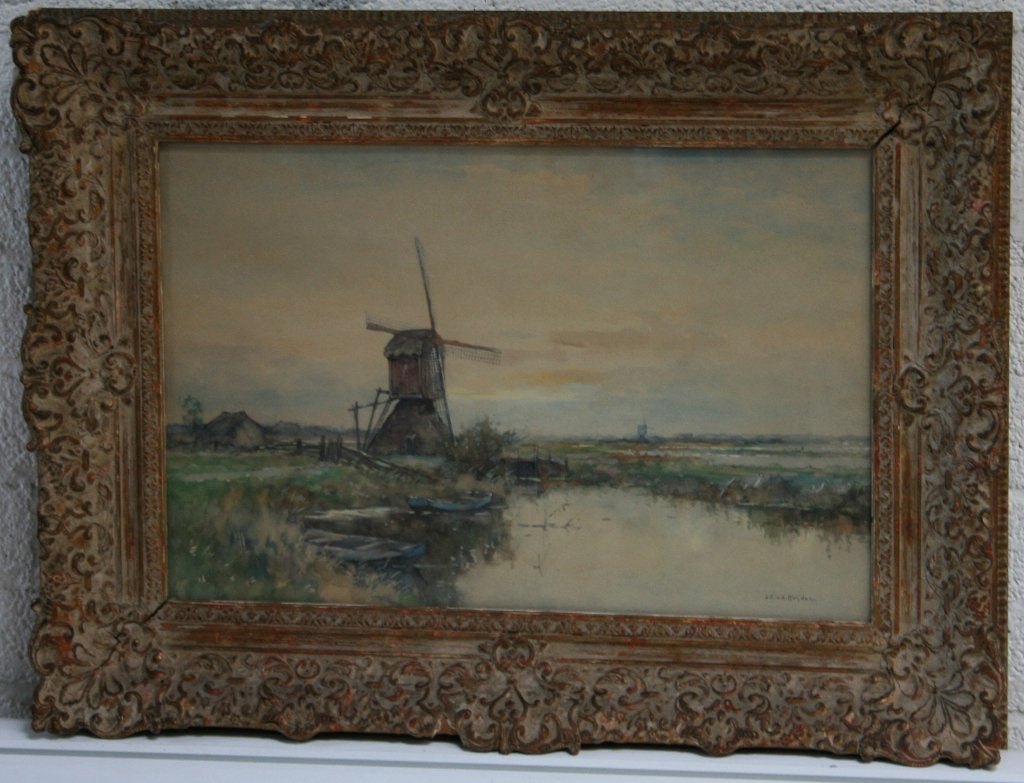 J.C. v.d. Heijden - poldermolens en bootjes - aquarel, Ophalen, Bijzondere lijst, Oud hollands, Landschap