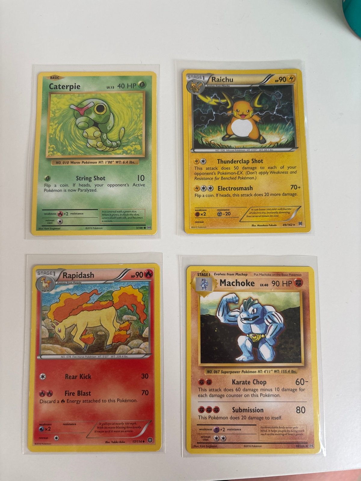 Pokémon kaarten - Caterpie, Raichu, Rapidash, Machoke, Ophalen of Verzenden, Gebruikt, Meerdere kaarten
