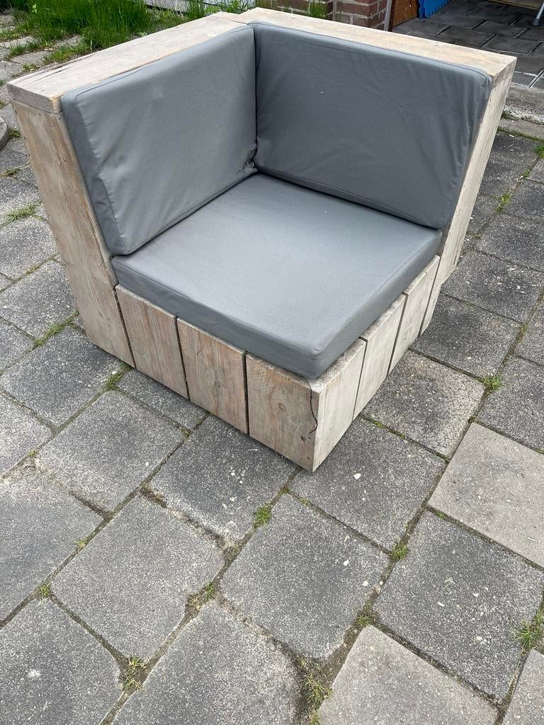 GRATIS Steiger houten hoekbank (1 persoon) met kussens, Tuin en Terras, Gebruikt, Ophalen of Verzenden, Stoel, Tuinset