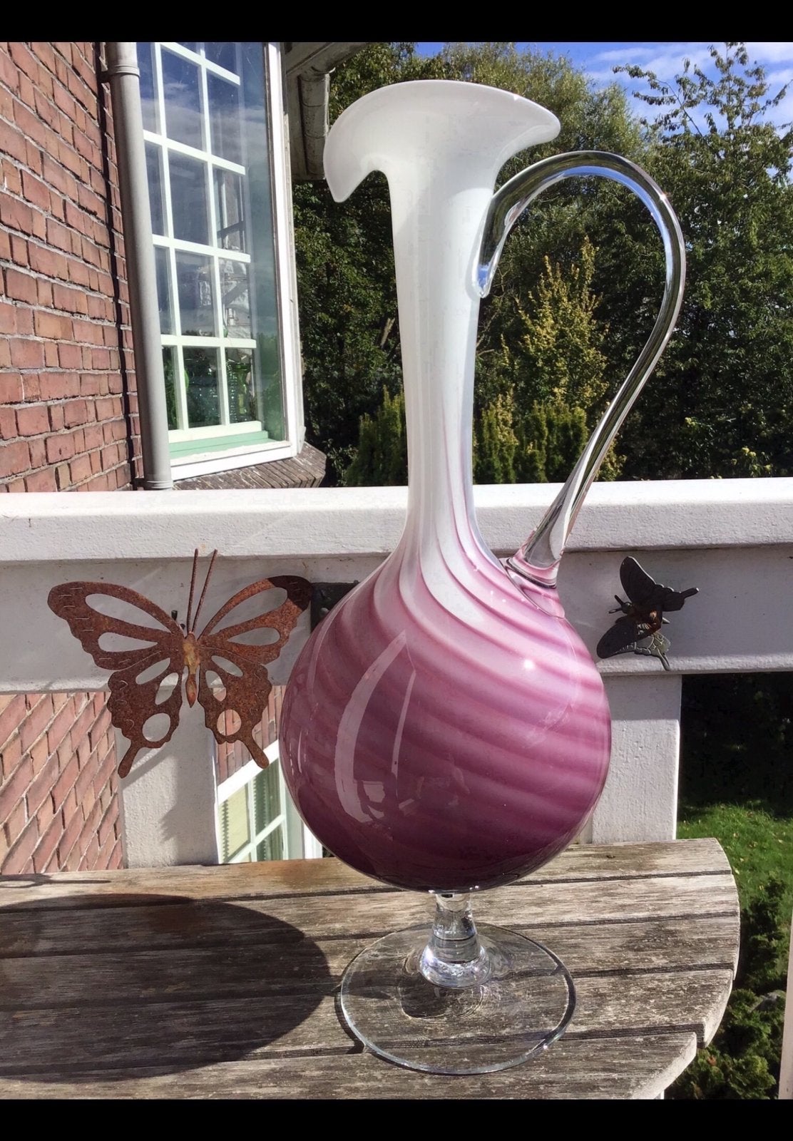 Glazen Empoli Genie karaf van roze met wit opaline vlam glas, Ophalen of Verzenden