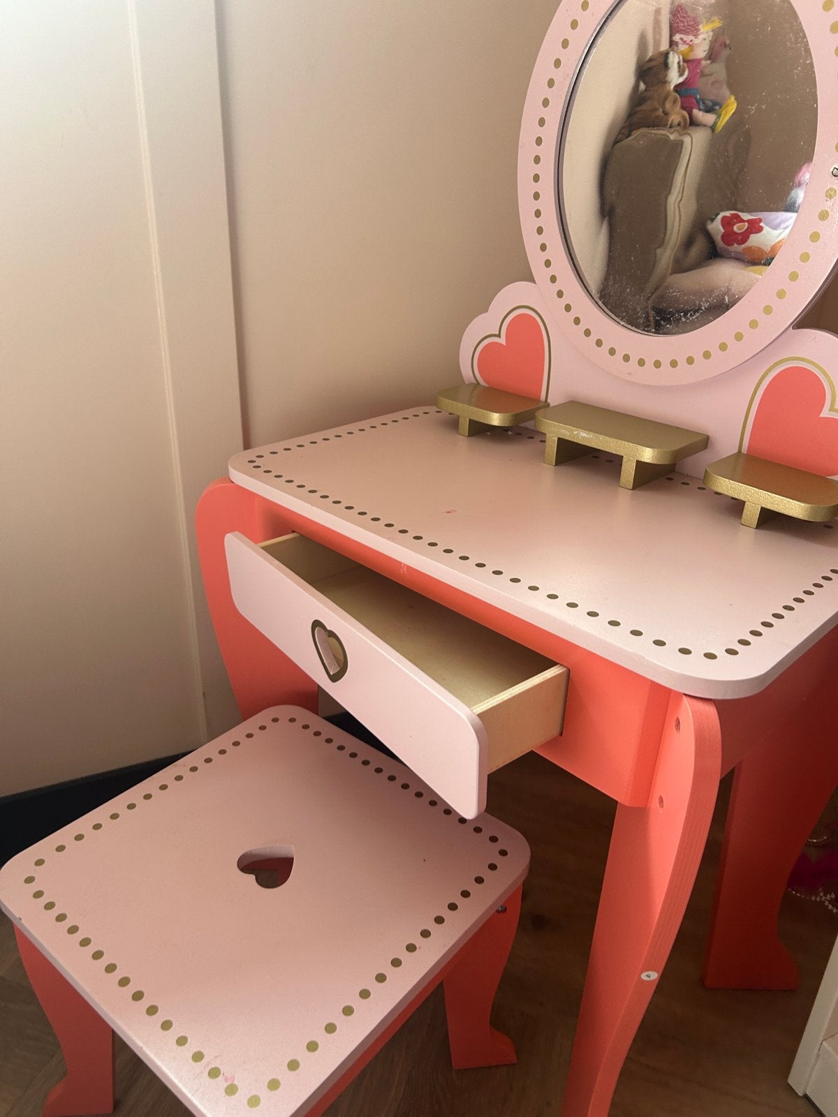 Roze kaptafel met spiegel en krukje voor kinderen, Ophalen, Gebruikt, Tafel