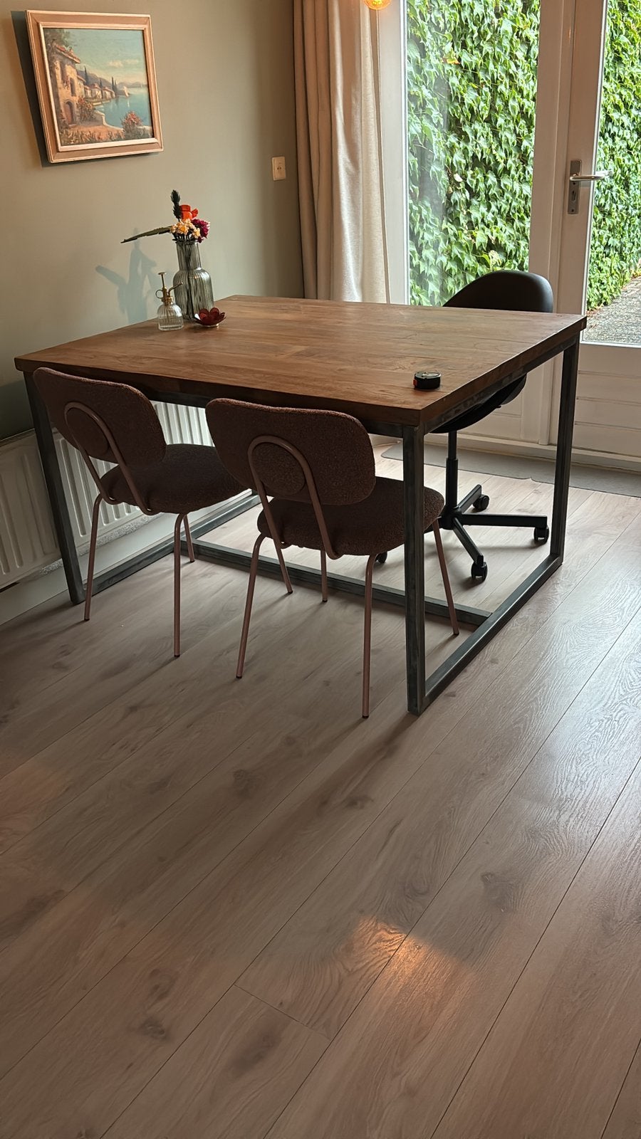Prachtige stevige eettafel met metalen frame, Ophalen, Gebruikt, 100 tot 150 cm, 50 tot 100 cm