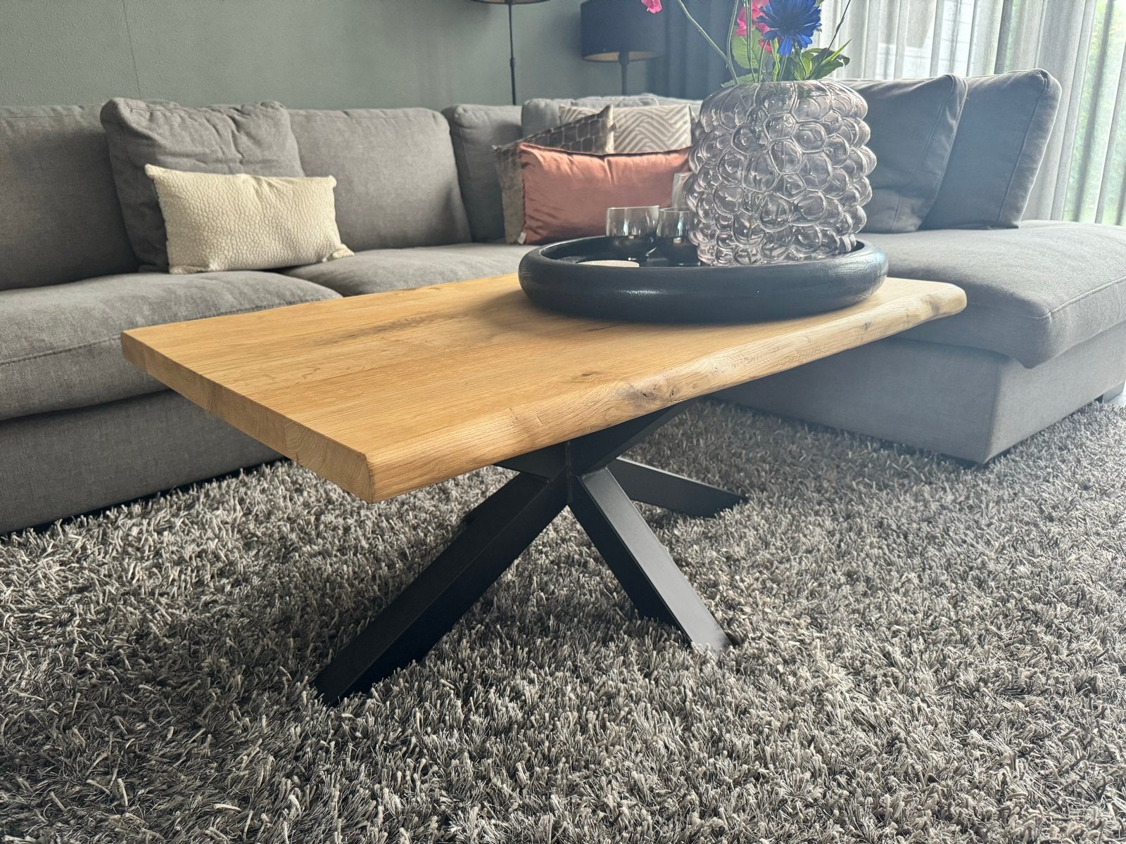 Salontafel eikenhout 100x70 cm met zwarte spinnenpoot, Ophalen, 100 tot 150 cm, Eikenhout, 50 tot 100 cm