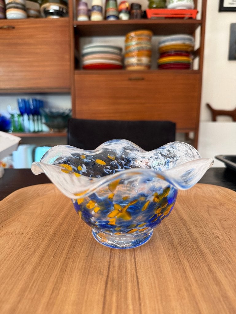 Vintage Murano / Byon stijl kunstglas schaal - Handgemaakt, Handgemaakt, Blauw, 9 cm, Ophalen of Verzenden