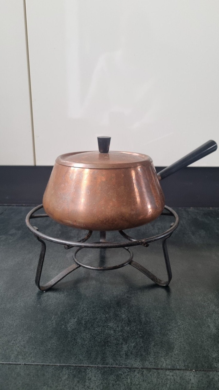 Vintage koperen fonduepan met rechaud - Culino Zwitserland, Overige typen, Ophalen of Verzenden, Met deksel, Overige merken