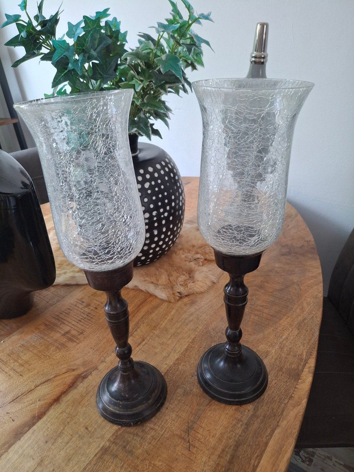 Set van 2 glazen windlichten met houten voet, Windlicht, Gebruikt, Meerkleurig, Ophalen of Verzenden