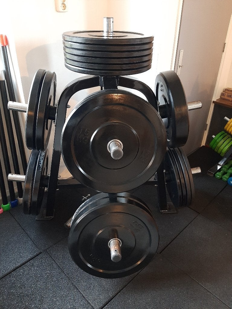 Olympus Schijvenrek 50mm + bumperplates 70 KG., Sport en Fitness, Ophalen, Zo goed als nieuw, Benen, Halterschijven