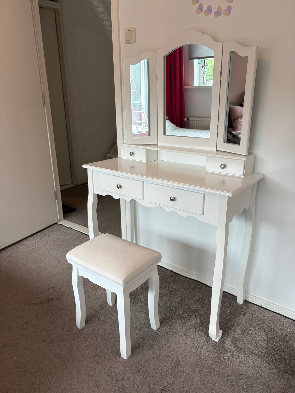 Witte kaptafel met spiegel en krukje, Ophalen, 100 tot 150 cm, 50 tot 100 cm, Zo goed als nieuw