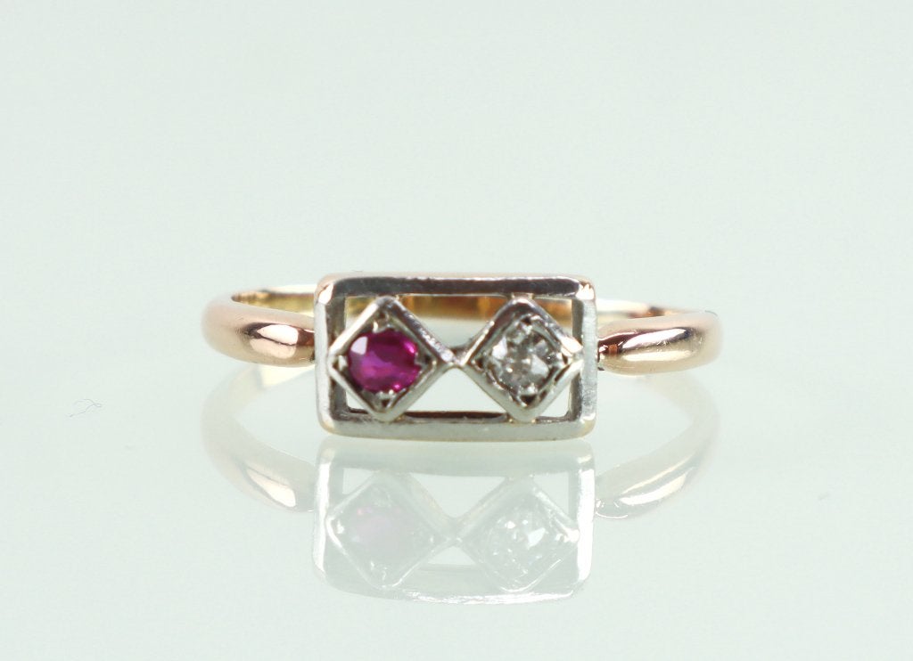 Antieke 18k roségouden ring diamant robijn Art Deco, Sieraden, Tassen en Uiterlijk, Antieke sieraden, Ophalen of Verzenden, Goud