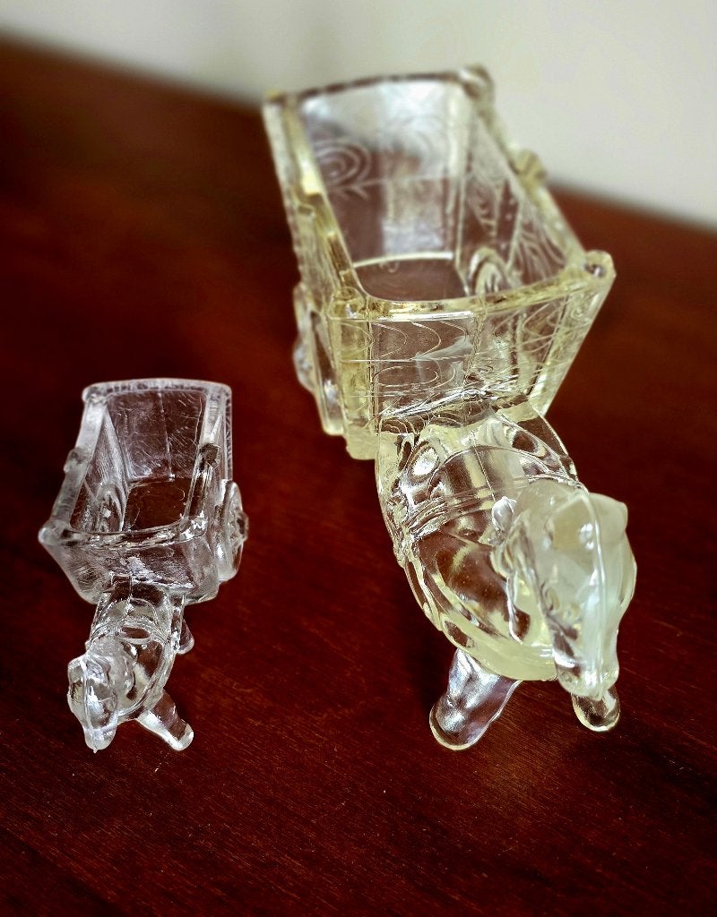2x Jeannette glas Ezel met kar uit 1940-1960, Verzenden