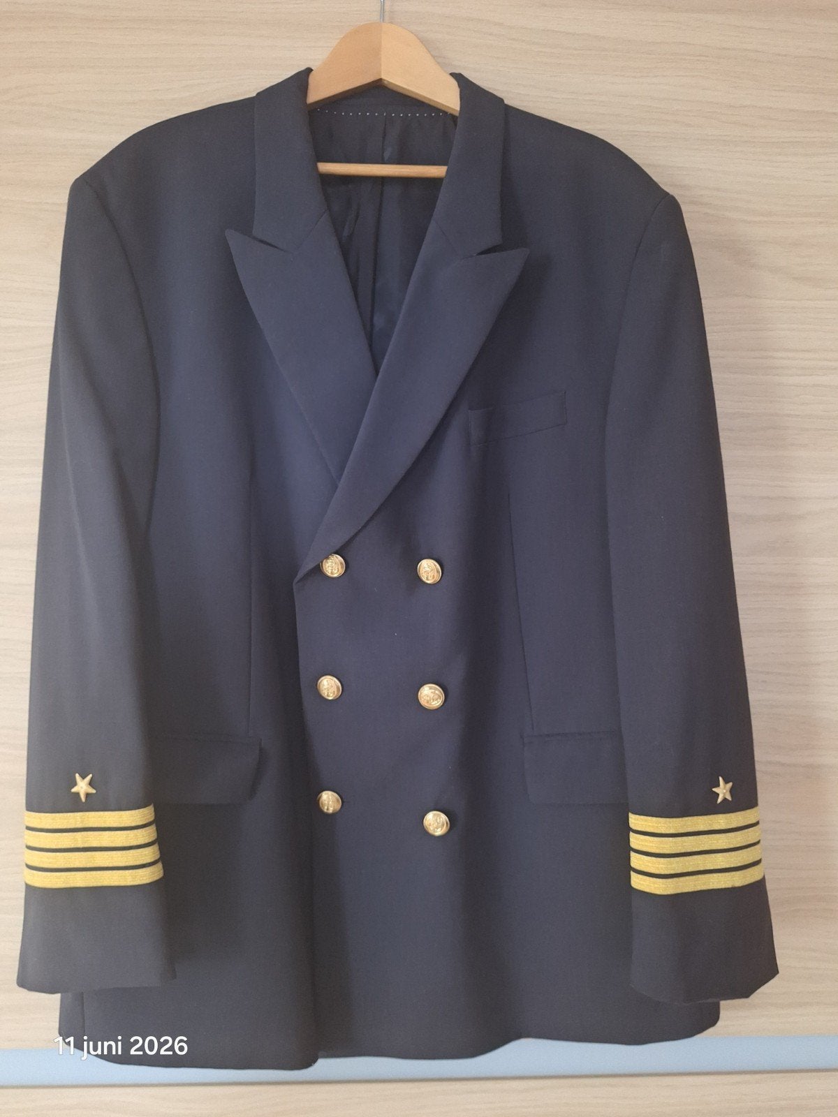 XXL Marine uniform jas met gouden knopen en strepen, Ophalen, Onbekend, Blauw, Maat 56/58 (XL)
