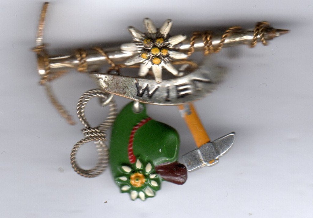 BROCHE WENEN PIKHOUWEEL JAGERSHOED KLIMTOUW EDELWEISS (A6), Ophalen of Verzenden, Gebruikt, Overige onderwerpen