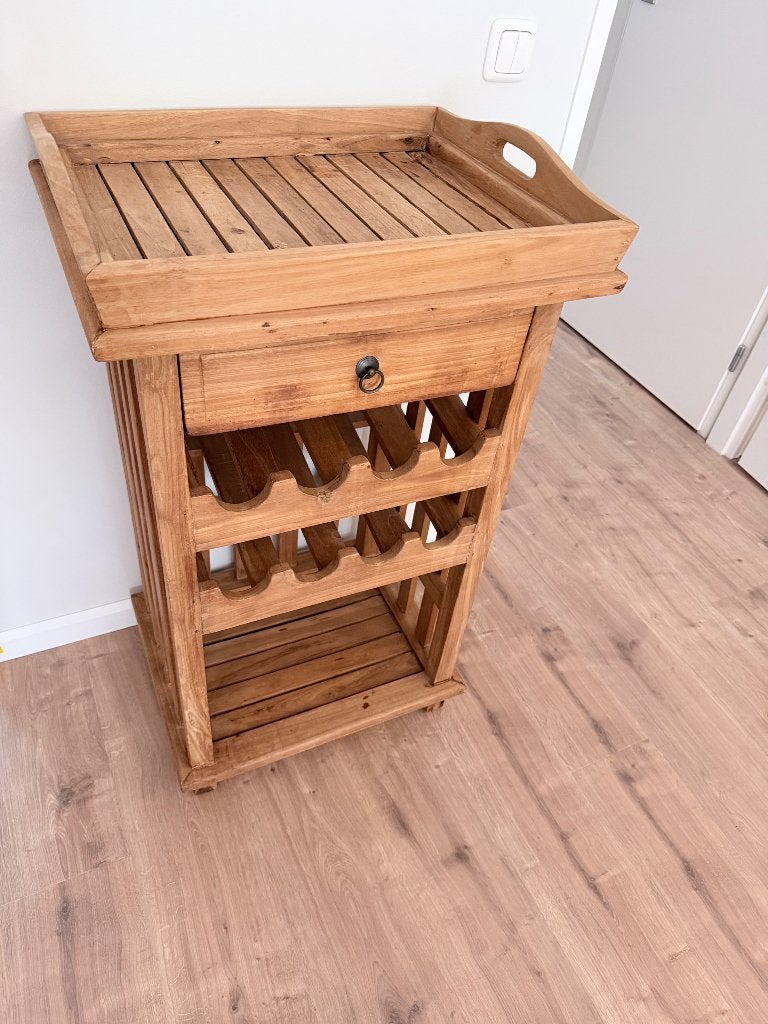 Teak houten wijnkast met lade en dienblad, Ophalen, Gebruikt, 5 tot 15 flessen, 75 – 100