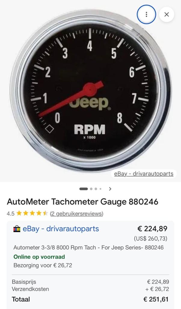 Jeep AutoMeter Toerenteller Gauge 880246 - Nieuw in doos, Auto-onderdelen, Dashboard en Schakelaars, Ophalen, Nieuw, Jeep