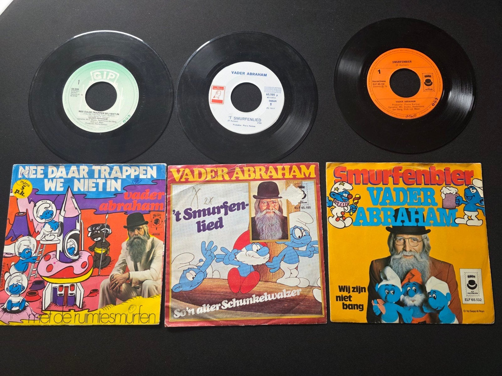3 singles van Vader Abraham en de Smurfen, Gebruikt, 7 inch, Ophalen of Verzenden, Beschermende buitenhoes