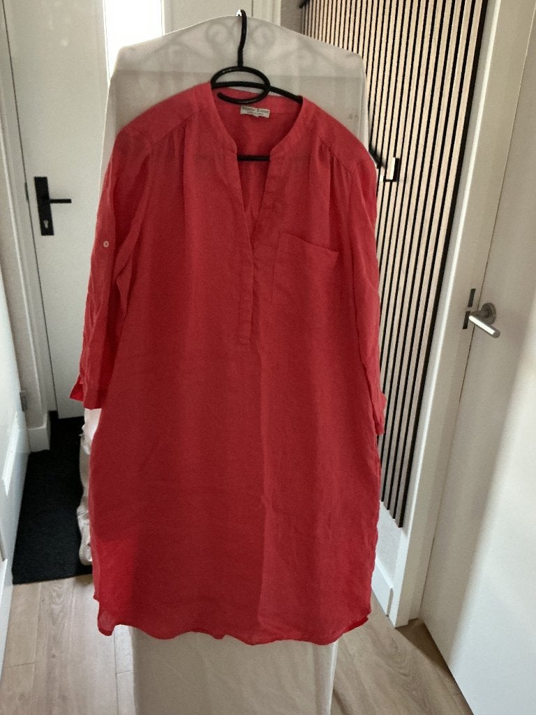 Koraal kleurige linnen zomerjurk, Verzenden, Maat 42/44 (L), Oranje, Knielengte