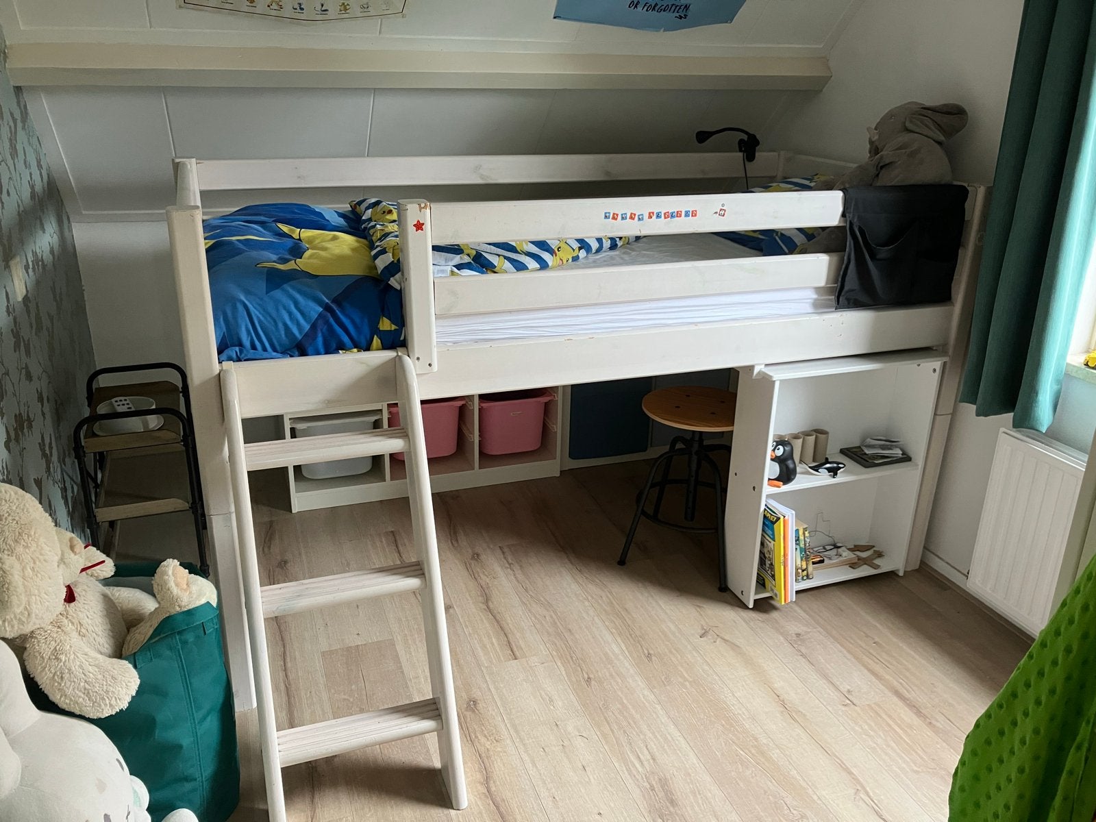 Halfhoogslaper met uitschuifbaar bureau, Ophalen, 85 tot 100 cm, Gebruikt, Hoogslaper of Stapelbed